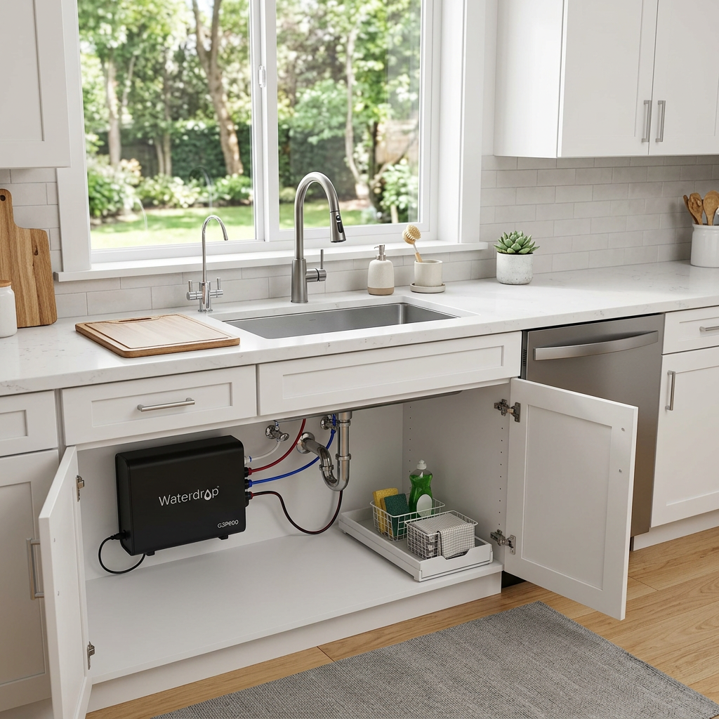 A wide-angle cinematic shot of a clean, organized kitchen sink area with a Waterdrop G3P800 system n