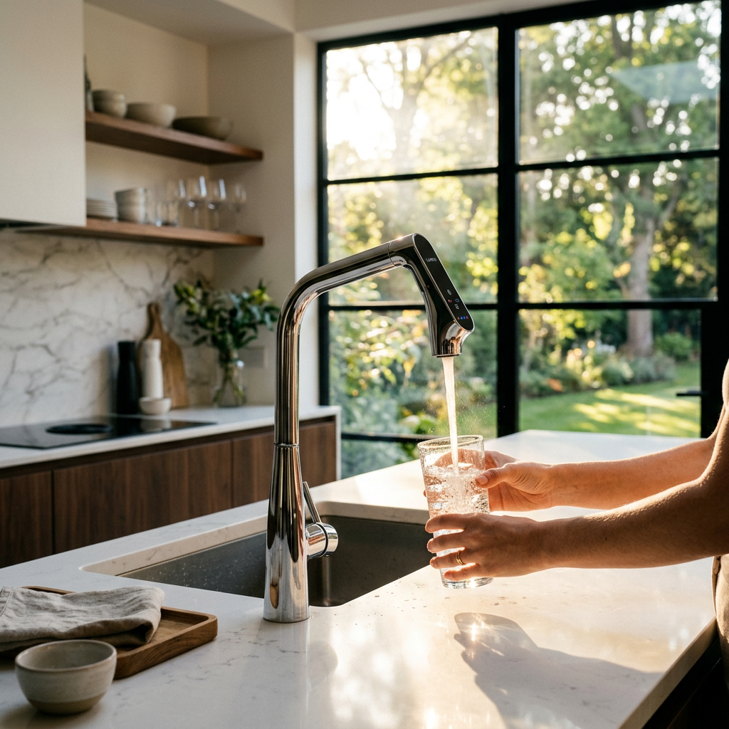 Cinematic shot of a modern kitchen island with a sleek smart faucet dispensing water, soft sunlight