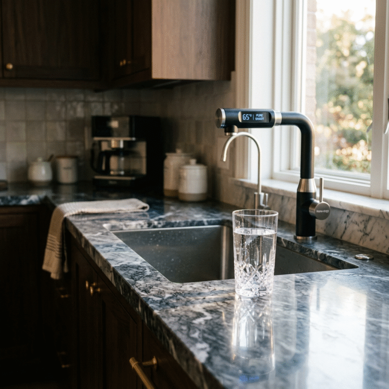 A cinematic shot of a luxury kitchen with a glass of crystal clear water sitting on a marble counter