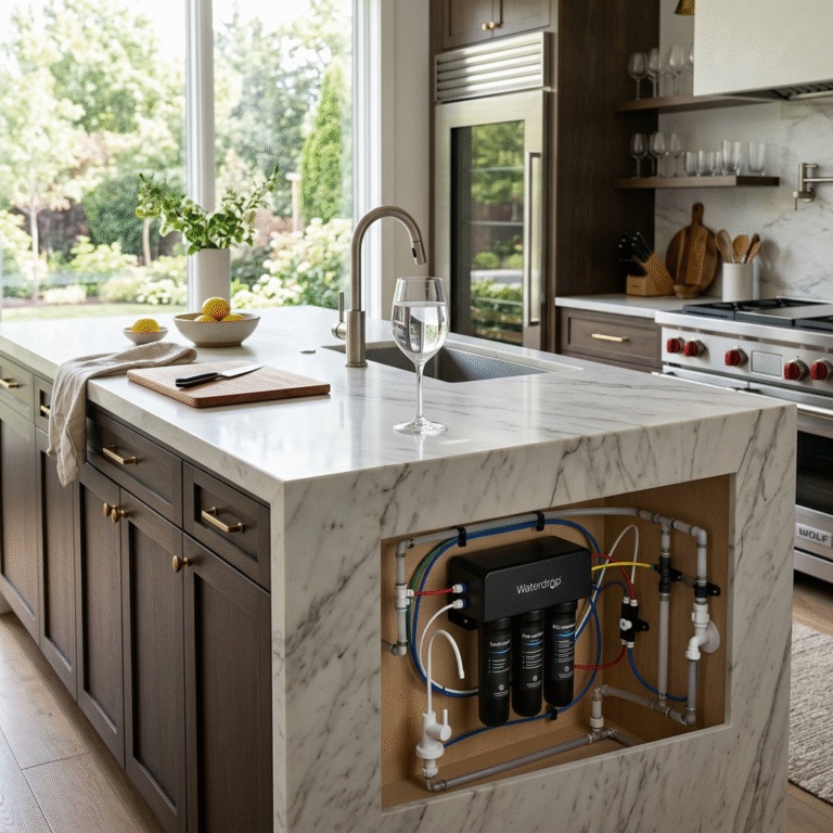 A high-end kitchen island with a glass of crystal clear water, a Waterdrop RO system visible in a cu