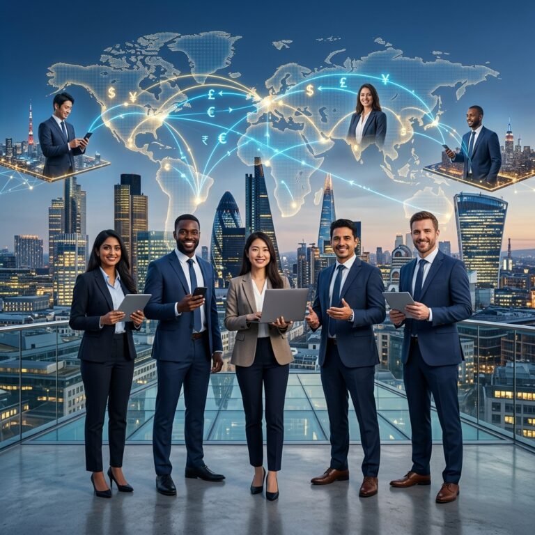 A professional and clean hero image showing a diverse group of people globally connected by glowing